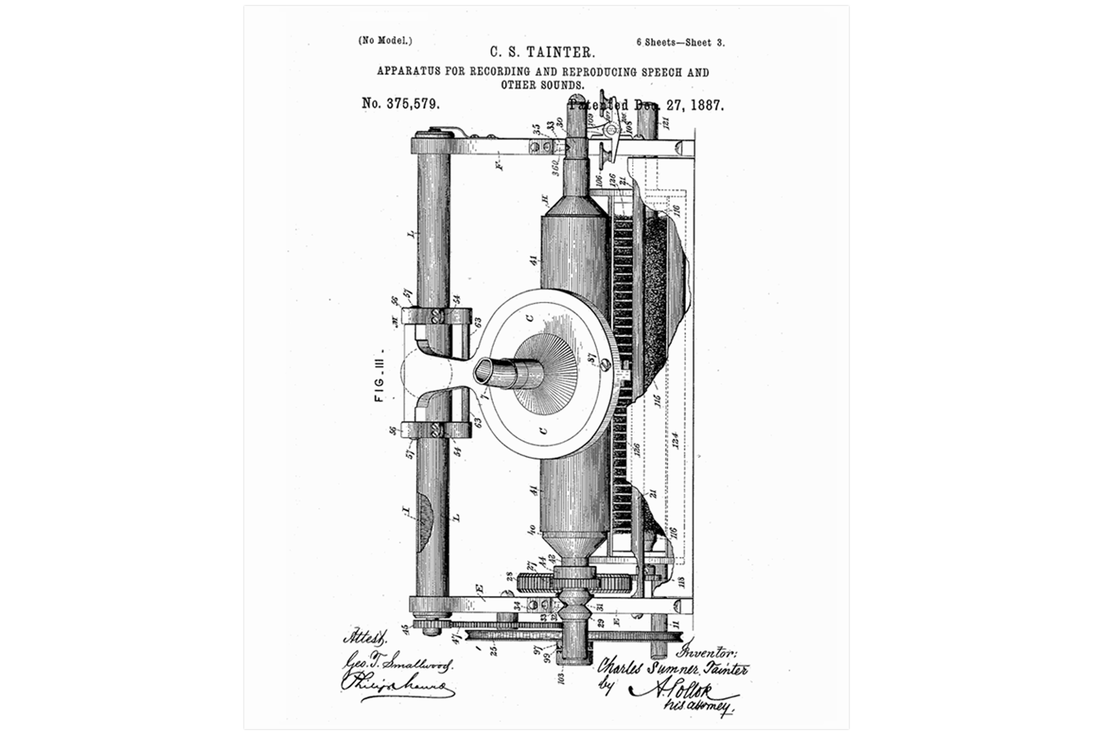 Illustration from Tainter's patent for the graphophone recording and playback device