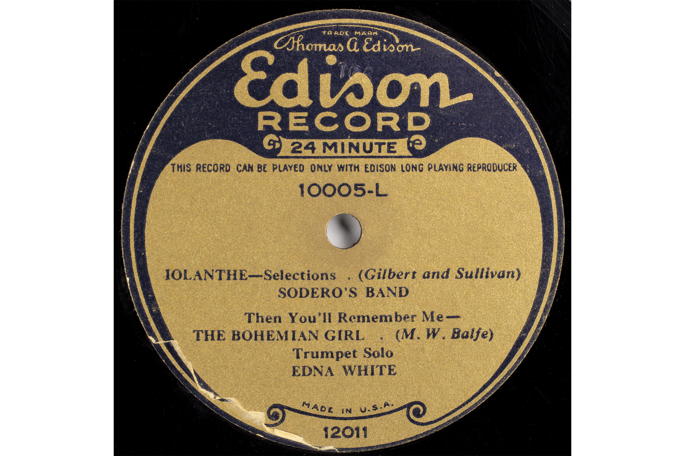 Label Edison Record 24 minute - 10005-L. Says the record cannot be played only with Edison Long Playing Reproducer.