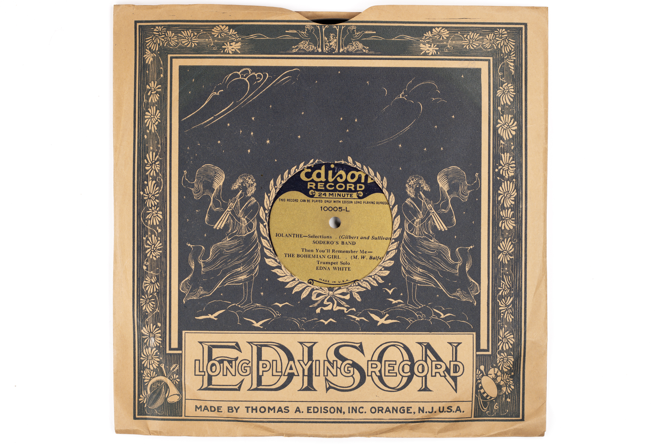 Front of record sleeve with fanciful artwork. Shows type of record and name of company.