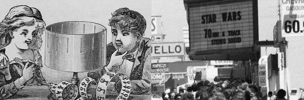 Left: 18th century wood engraving of children viewing a zoetrope, Right: People in line to see Star Wars in 70mm