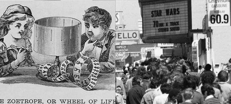 Left: 18th century wood engraving of children viewing a zoetrope, Right: People in line to see Star Wars in 70mm