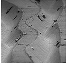 Microscope picture of grooves in a phonograph record.