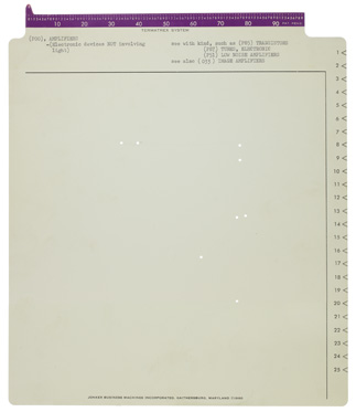 Large card with several small holes drilled on the interior and annotations around the edges